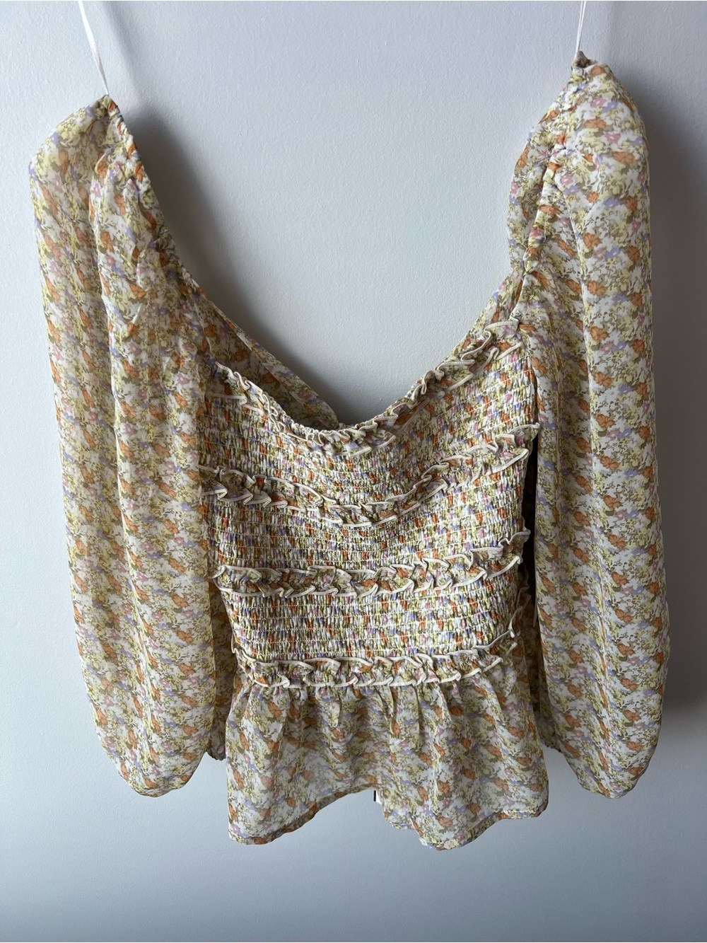 ASTR the Label Floral Smocked Top NWT Sheer Long Sleeve Cottagecore Blouse M - Picture 3 of 10